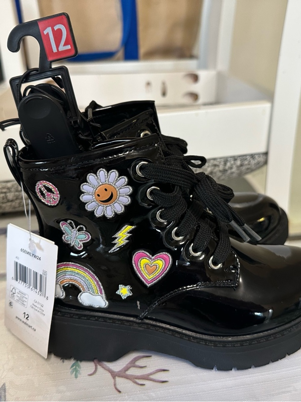 George Black Patent Kids Lace-Up Boots with Colorful Patch Accents